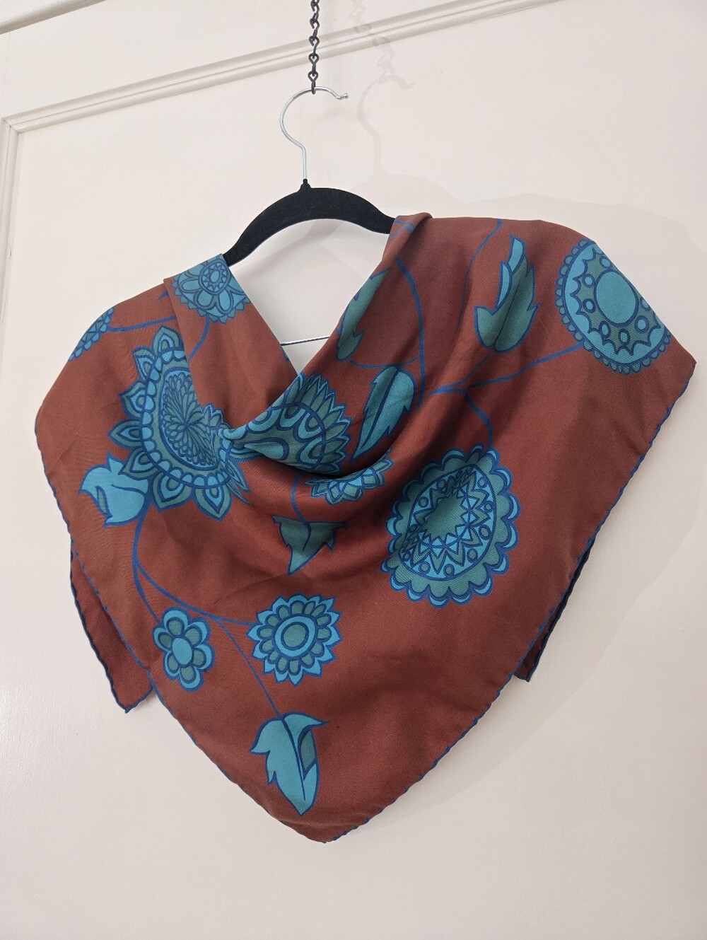 Vintage Boho Flower Graphic Print Hand Rolled Edge Square Scarf